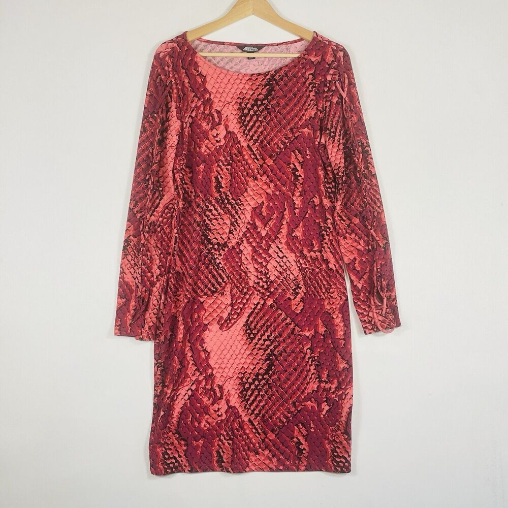 Project Runway Dress Women Large Red Mauve Snake Dramatic Slinky Stretch Animal